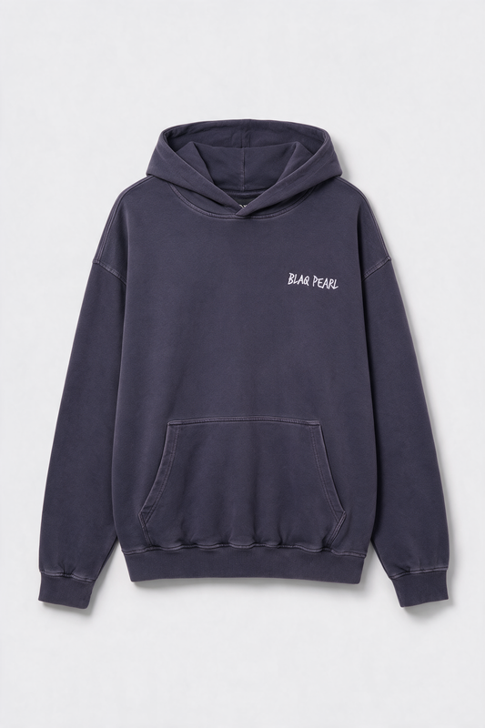 The Countess Hoodie in Aubergine, flat lay front with embroidered BLAQ PEARL chest logo